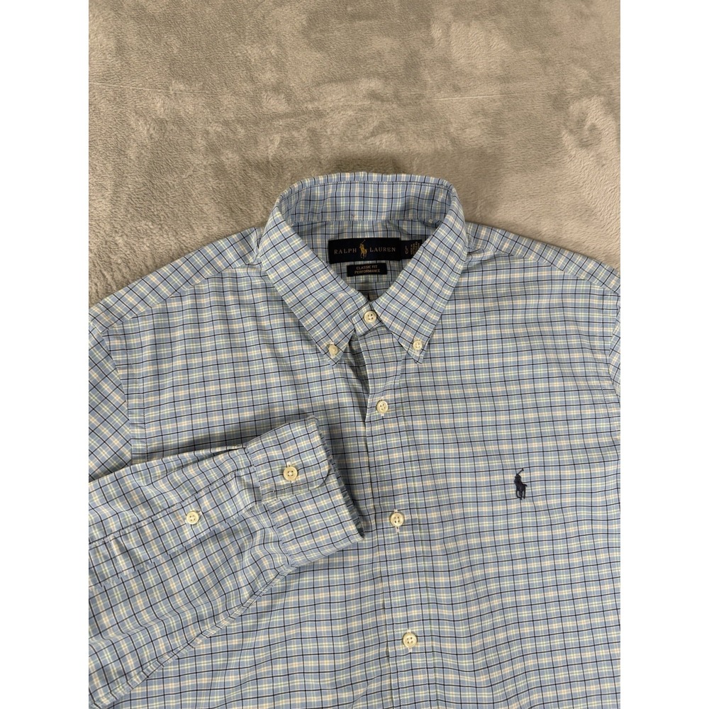 Ralph Lauren Shirt Men's Large Blue Plaid Classic‎ Fit Performance Button Up